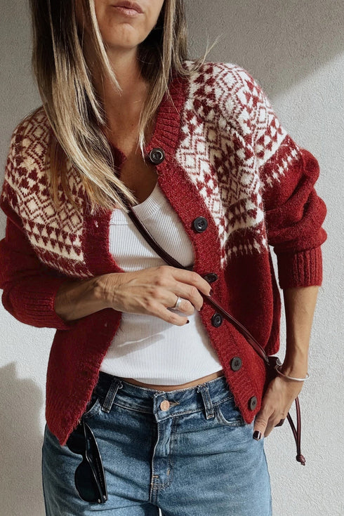 Geometric Print Button Front Long Sleeve Cardigan