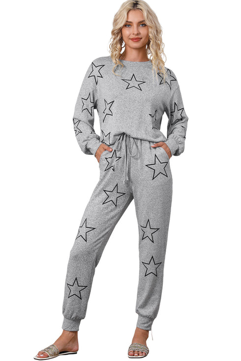 Star Print Long Sleeve Drawstring High Waist Pant Set