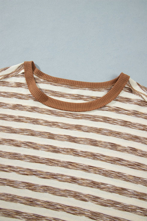 Striped Waffle Knit Round Neck Long Sleeve Top