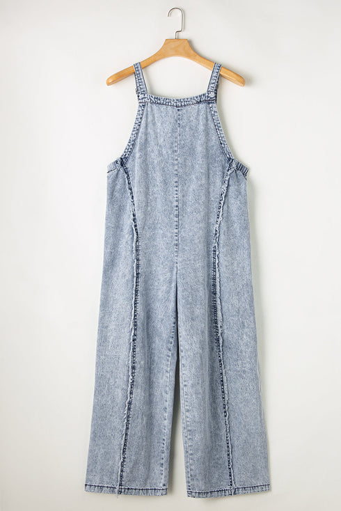 Washed Frayed Exposed Seam Wide Leg Denim Overall Jumpsuit