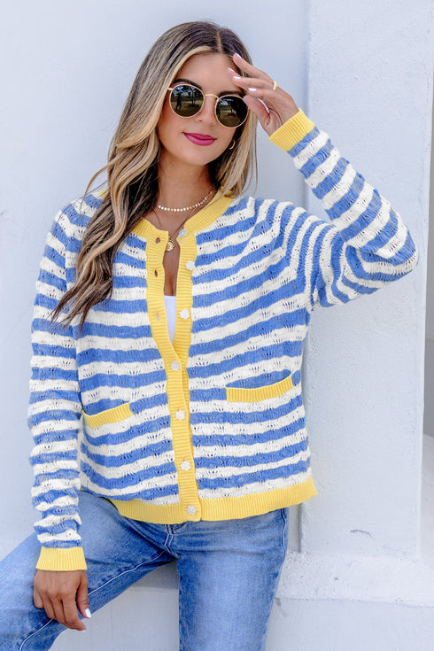 Striped Button Front Long Sleeve Loose Fit Knit Cardigan