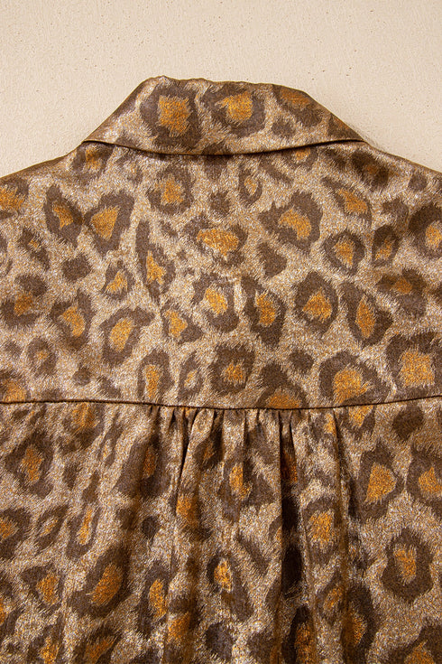 Metallic Leopard Print Dolman Sleeve Button Down Shirt