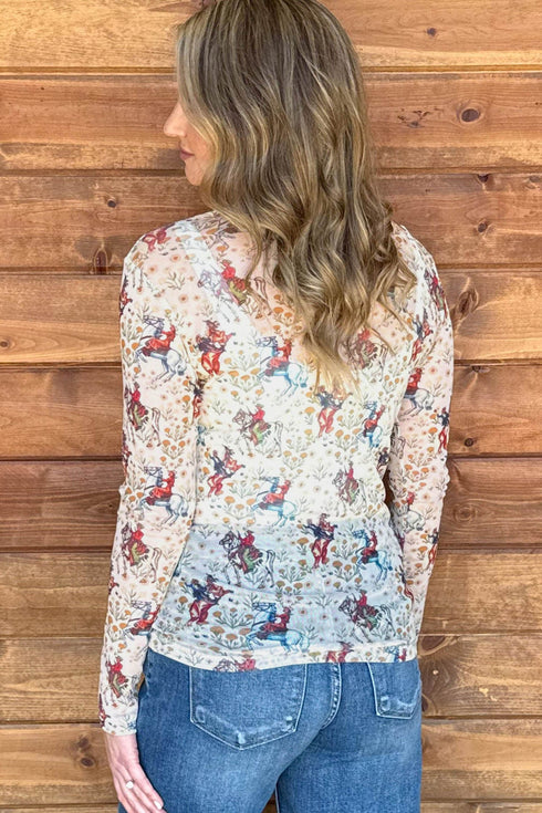 Western Cowboy Floral Print Sheer Mesh Long Sleeve Top