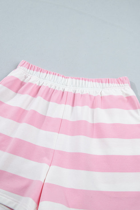 Striped Patchwork Zipper Pullover Elastic Waist Shorts Two Piece Short Set