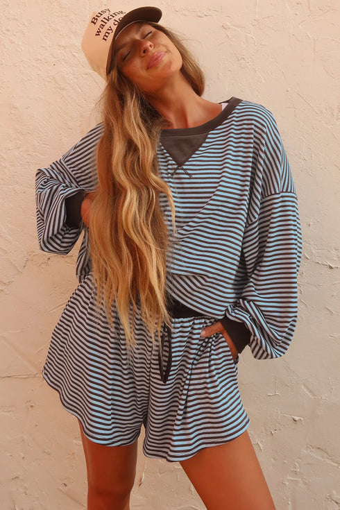 Striped Oversized Long Sleeve Top Drawstring Loose Two Piece Short Set