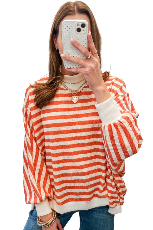 Striped Textured Mock Neck Oversized Long Sleeve Top