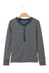 Striped Ribbed Denim Collar Half Button Long Sleeve Top
