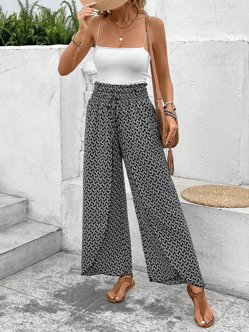 Bohemian Print Smocked High Waist Wide Leg Slit Pants