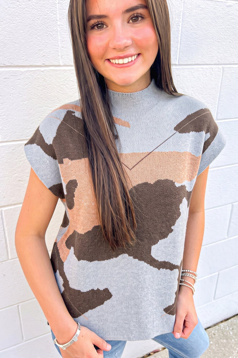 Camouflage Pattern Drop Shoulder High Neck Short Sleeve Shift Sweater