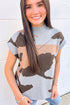 Camouflage Pattern Drop Shoulder High Neck Short Sleeve Shift Sweater