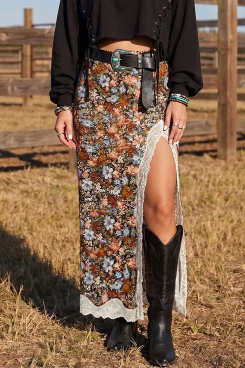Cheetah Print Trim Split Long Western Skirt