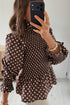 Polka Dot Ruffled High Neck Shirred Hem Blouse