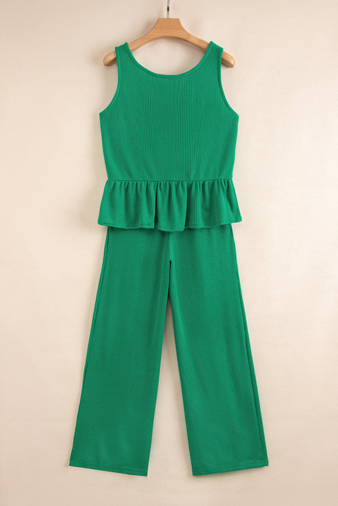 Textured Ribbed Ruffle Tank Top Wide Leg Pant Set