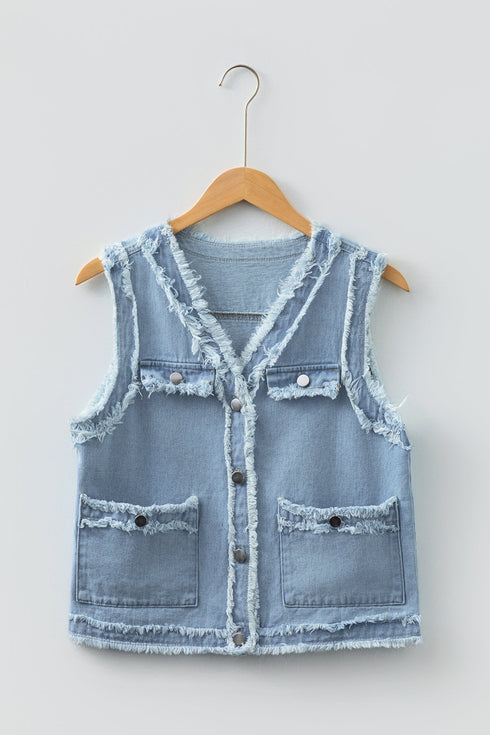 Modern Solid Frayed Edge Flap Pocket Denim Vest