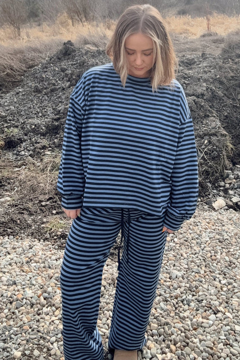 Striped Long Sleeve Drawstring Waist Loungewear Set