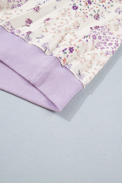 Floral Print Mock Neck Paneled Sleeve Sweatshirt