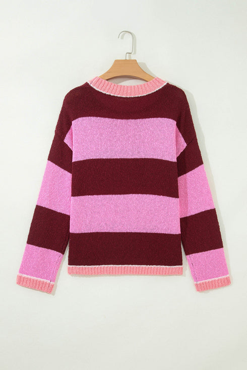 Striped Drop Shoulder Long Sleeve Pullover Knit Sweater