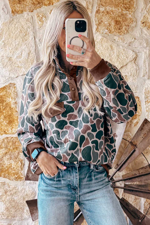 Retro Camouflage Pattern Quilted Button Detail Sweatshirt