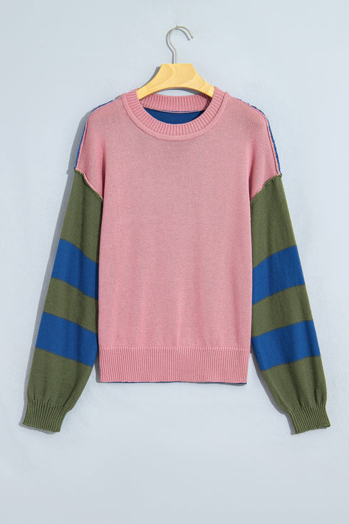 Western Patchwork Striped Long Sleeve Pullover Sweater