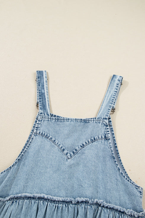 Washed Denim Tiered Flowy Western Overall Mini Dress