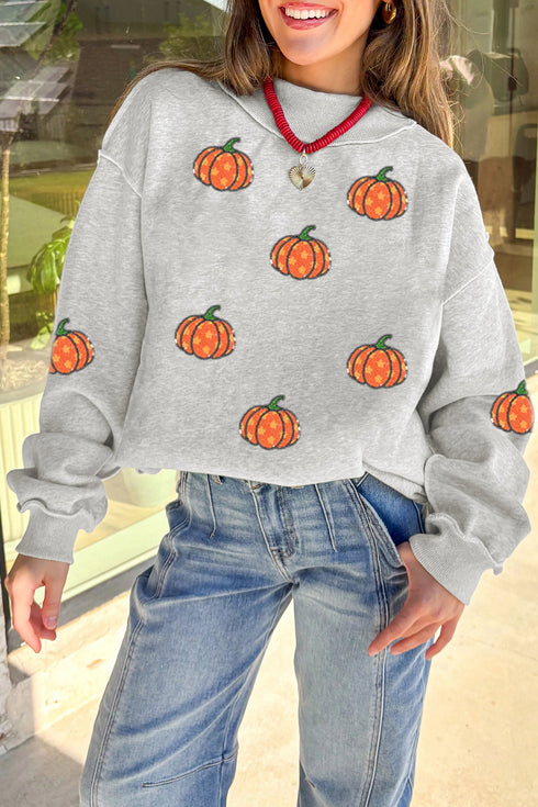 Sequined Star Pumpkin Graphic Exposed Seam Mock Neck Sweatshirt