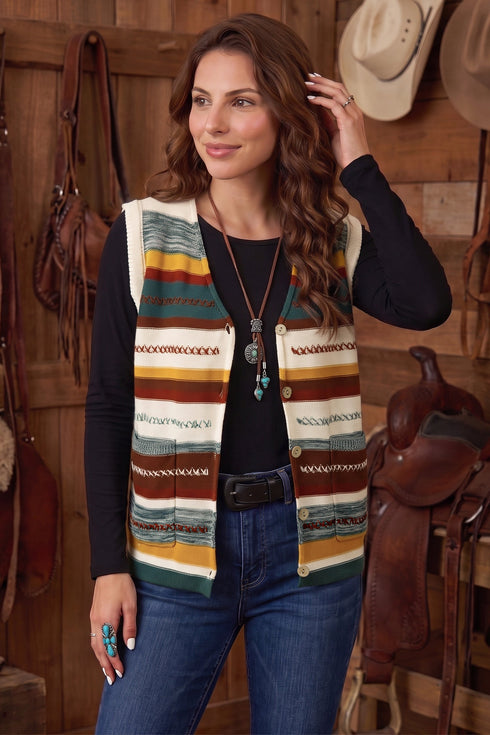 Striped Button Front Sleeveless Knit Regular Fit Sweater Vest