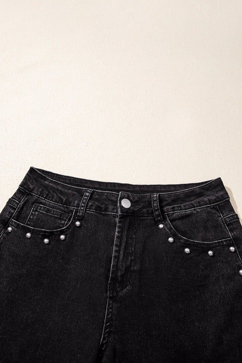 Cotton Denim Studded Straight Leg Loose Jeans