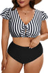 Striped Knot Cutout Ruffle Sleeve High Waisted Swimsuit