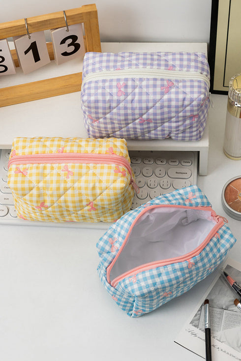 Sweet Bow Knot Print Quilted Zipper Makeup Bag