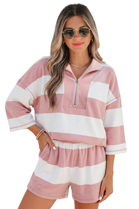 Striped Half Zip Bracelet Sleeve Top Short Set