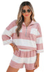 Striped Half Zip Bracelet Sleeve Seam Detail Short Set