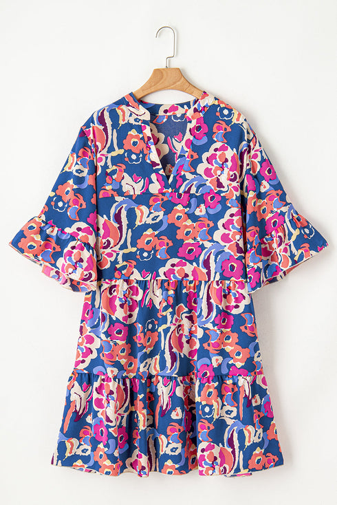 Floral Print Ruffled Three Quarter Sleeve Mini Dress