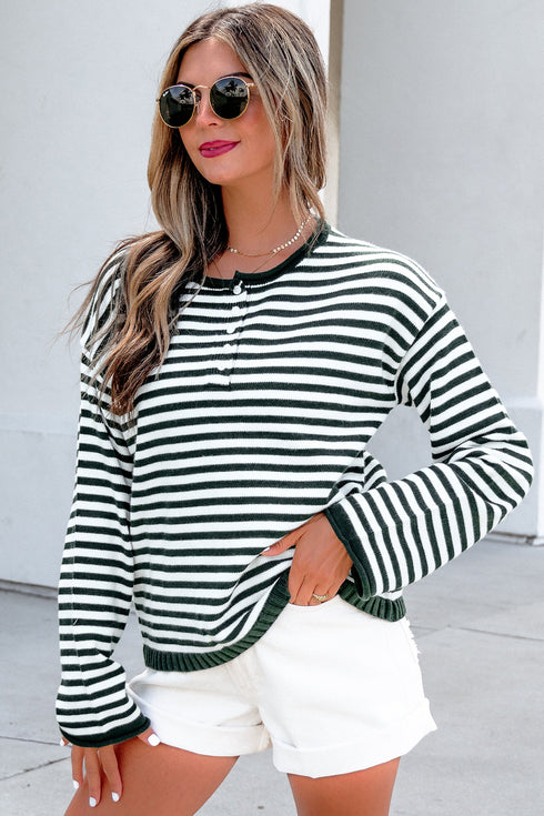 Striped Button Placket Drop Shoulder Long Sleeve Sweater