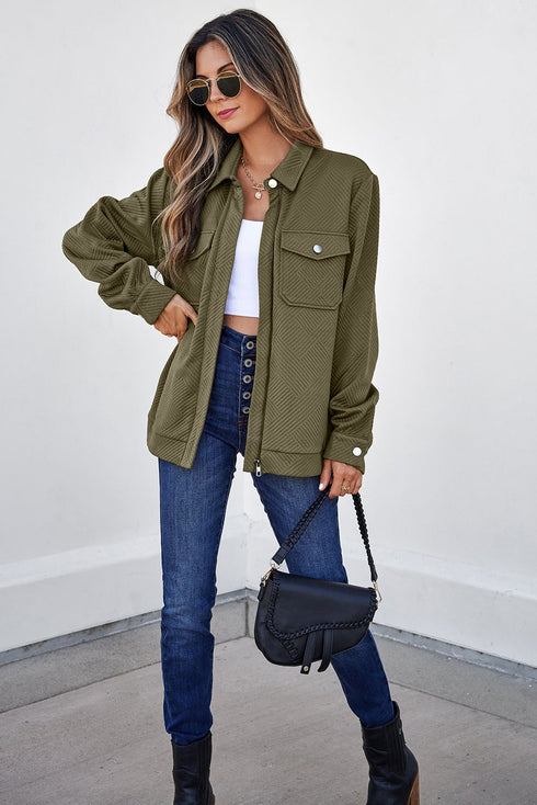 Casual Textured Flap Pocket Shirt Collar Zip Up Jackets