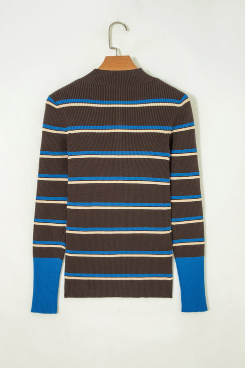 Striped Ribbed Knit Cuff Henley Button Sweater