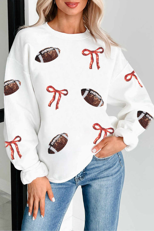 Polyester Sequin Rugby Bow Graphic Pullover Sweatshirt