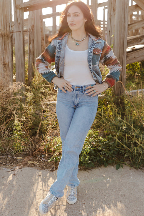 Aztec Print Patchwork Frayed Hem Western Denim Jacket