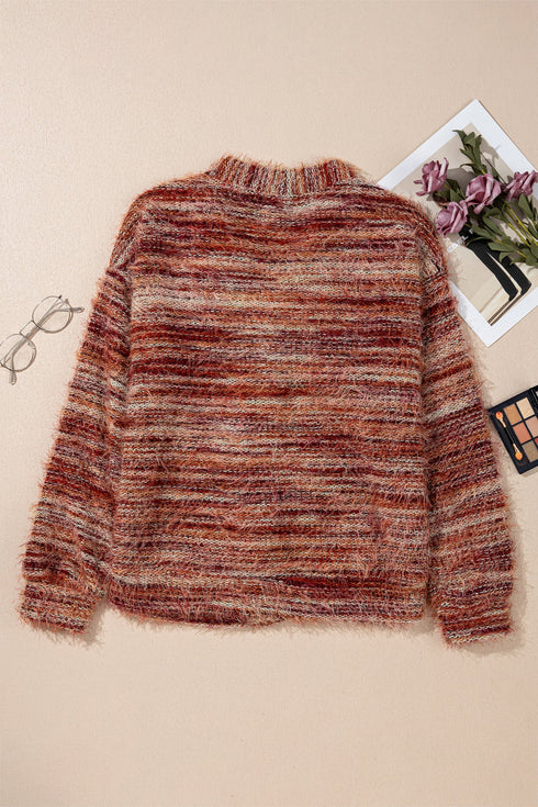 Polyester Fuzzy Striped Pattern Button Front Cardigan