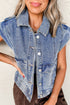 Solid Washed Button Up Elastic Hem Denim Vest