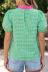 Gingham Plaid Bubble Sleeve Tailored Trim V Neck Blouse