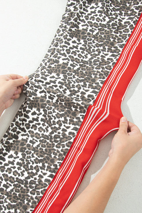 Leopard Patchwork Elastic Waist Panel Detail Jeans