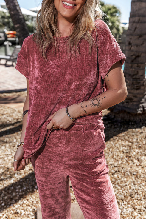 Mineral Wash Corduroy Short Sleeve Wide Leg Pant Set