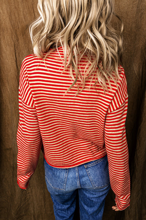 Striped Button Collar Long Sleeve Knit Cardigan