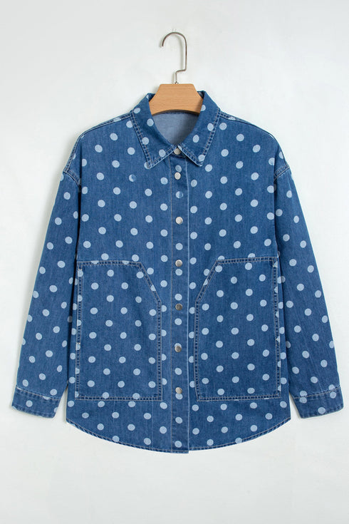 Polka Dot Long Sleeve Collar Shift Tunic Denim Jacket