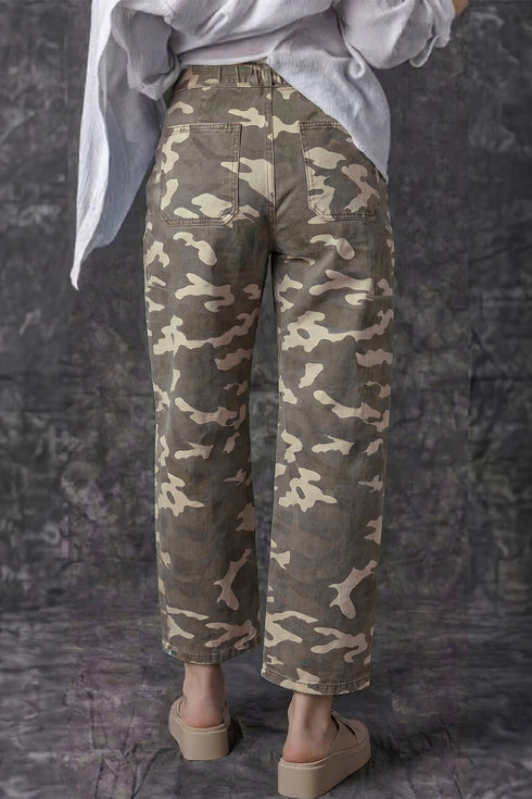 Leopard Printed Drawstring Elastic Waistband Pocketed Barrel Jeans