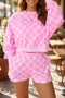 Plaid Long Sleeve Crop Top Elastic Waist Shorts Two Piece Short Set