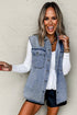 Solid Denim Flap Pocket Curved Hem Shirt Vest