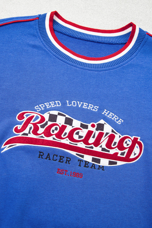 Abstract Racing Graphic Embroidered Patchwork Long Sleeve Sweatshirt