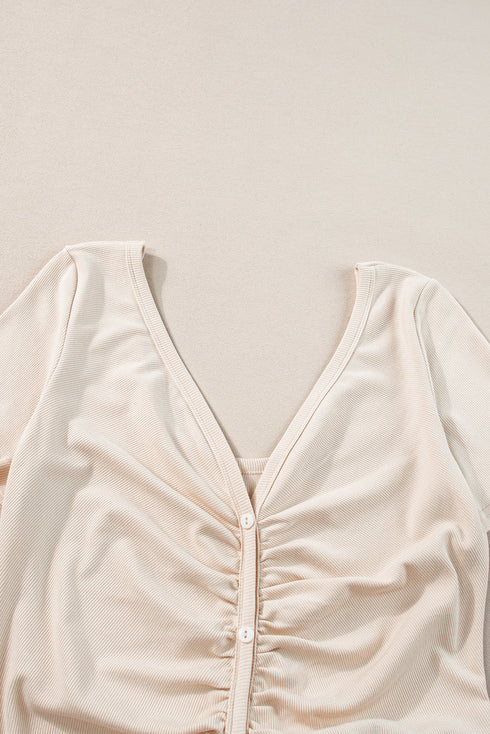 Short Sleeve Ribbed Button Front Ruched Maxi Dress