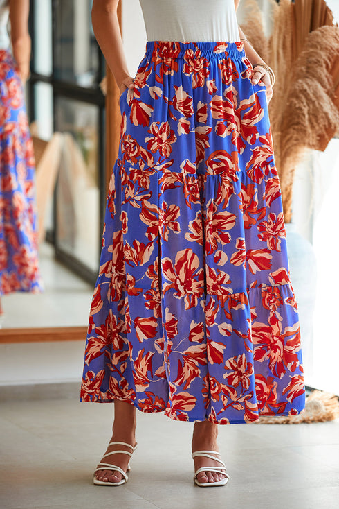Bohemian Floral Print Tiered Split Maxi Skirt